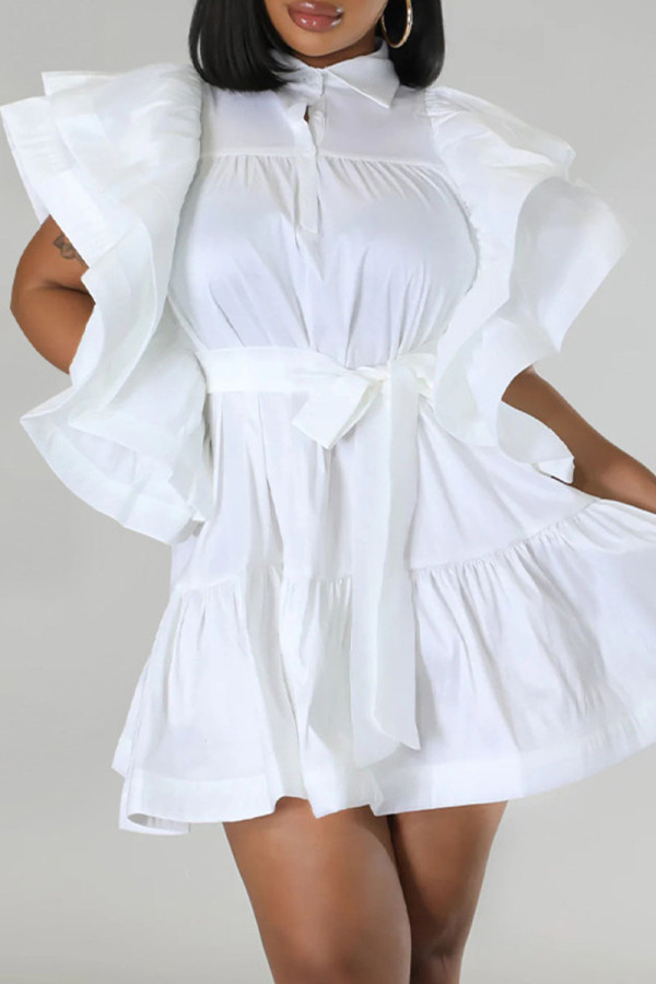 Witte casual effen patchwork vouw V-hals A-lijn jurken