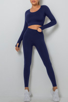 Navy Blue Casual Sportswear Solid Patchwork U Neck Long Sleeve Two Pieces