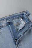Lichtblauwe casual effen patchwork normale spijkerbroek met halfhoge taille