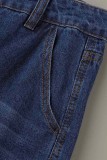 Jeans in denim dritto a vita alta di base patchwork solido casual blu scuro