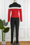 Rode casual sportkleding, effen patchwork, rits, lange mouwen, tweedelig