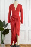 Vestidos irregulares com decote em V assimétricos dobrados em patchwork sólido vermelho sexy