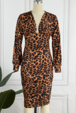 Braune sexy Leoparden-Patchwork-Bleistiftrock-Kleider mit V-Ausschnitt