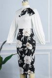 Blanco casual elegante estampado patchwork con lazo medio cuello alto falda de un paso vestidos
