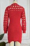 Red Sexy Solid Hollowed Out Patchwork Half A Turtleneck Pencil Skirt Dresses