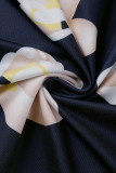 ローズレッド カジュアル エレガント プリント パッチワーク リボン付き ハーフタートルネック ワンステップスカートドレス