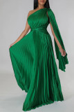 Зеленые элегантные однотонные прямые платья в стиле пэчворк со складками и косым воротником