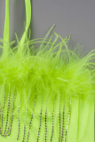 Vert Fluorescent Sexy Gland Solide Patchwork Plumes Spaghetti Strap Crayon Jupe Robes