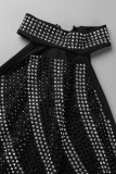 Черные сексуальные однотонные лоскутные платья с горячей дрелью и круглым вырезом в один шаг