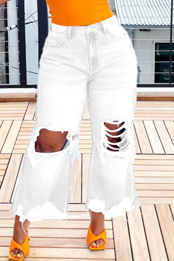 Witte Casual Street Solid Ripped Make Old Patchwork Denim Jeans met hoge taille