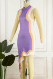 Purple Sexy Print Asymmetrical O Neck Sleeveless Dress Dresses