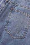 Lichtblauwe casual effen gescheurde rechte spijkerbroek met hoge taille