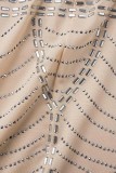 Svart Mode Sexigt Patchwork Hot Drilling Genomskinlig V-hals långärmade klänningar