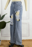 Ljusblå Casual Solid Ripped High Waist Rak Denim Jeans