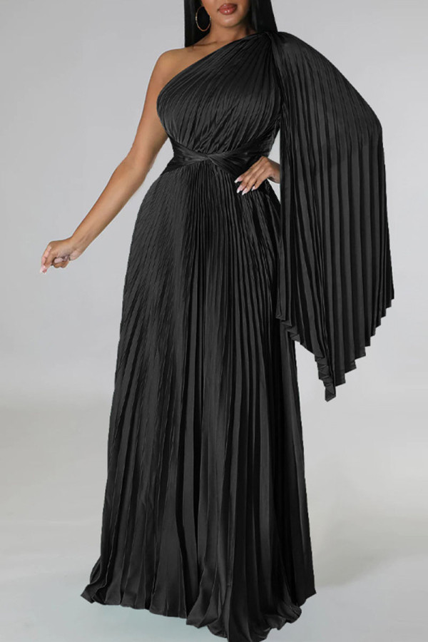 Vestidos rectos de cuello oblicuo con pliegues de patchwork sólido elegante negro