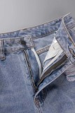 Hellblaue, lässige, feste, zerrissene, normale Denim-Jeans mit hoher Taille