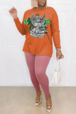 Pink Orange Street Print Patchwork O Neck Long Sleeve Two Pieces