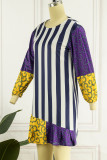 Robes décontractées à rayures imprimées patchwork col rond pourpre