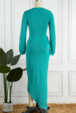 Blue Sexy Solid Patchwork Fold Asymmetrical V Neck Irregular Dress Dresses