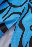 ブルー セクシー カジュアル プリント パッチワーク バックレス スリット 斜め襟 ロングドレス