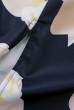 ローズレッド カジュアル エレガント プリント パッチワーク リボン付き ハーフタートルネック ワンステップスカートドレス