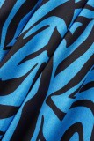 Синее сексуальное повседневное длинное платье с лоскутным принтом и открытой спиной с разрезом и косым воротником