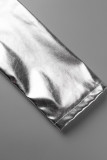 Silver Sexiga Solid Patchwork Blixtlås Ytterkläder