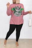 Pink Street Print Patchwork O Neck Long Sleeve Two Pieces
