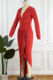 Red Sexy Solid Patchwork Fold Asymmetrical V Neck Irregular Dress Dresses