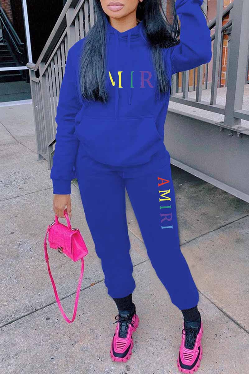 

Blue Casual Print Letter Hooded Collar Long Sleeve Two Pieces