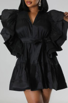 Zwart casual effen patchwork vouw V-hals A-lijn jurken