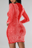Robes de jupe crayon à col rond en patchwork solide sexy rouge