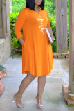 Tangerine Red Повседневная печать Пэчворк O-образным вырезом Прямые платья