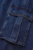 Темно-синие повседневные однотонные лоскутные базовые джинсы прямого кроя с высокой талией