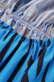 Vestido longo azul sexy estampado patchwork sem costas com decote oblíquo