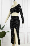 Черное сексуальное однотонное длинное платье с блестками и лоскутным разрезом с косым воротником
