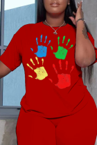 Camisetas con cuello en O de patchwork con estampado diario rojo