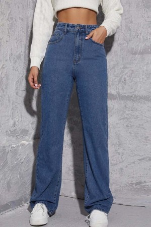 Blue Casual Patchwork High Waist Straight Leg Denim Jeans