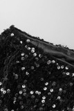 Robes de robe longues noires sexy solides évidées paillettes patchwork fente col oblique