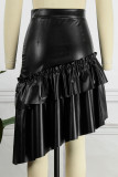 Black Casual Street Solid Patchwork Flounce Beading Asymmetrical High Waist Type A Solid Color Bottoms