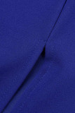 Blå Elegant Print Bandage Patchwork Ribbon Krage Långärmad Två delar
