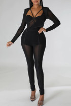 Zwarte Sexy Effen Patchwork Doorzichtige Asymmetrische Kraag Skinny Jumpsuits