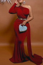 Vestido de noche de cuello oblicuo de patchwork sólido elegante rojo Vestidos