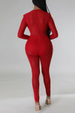 Roter, sexy, fester, durchsichtiger Patchwork-Overall mit asymmetrischem Kragen