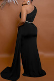 Schwarzes, elegantes, solides Patchwork-Abendkleid mit schrägem Kragen