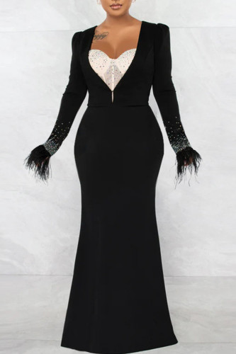 Black Sexy Solid Patchwork Feathers Hot Drill V Neck Long Sleeve Two Pieces(Not Include Inner Lap)