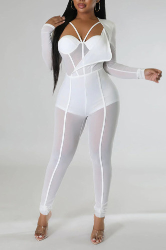 Combinaisons skinny sexy patchwork col asymétrique transparent blanc