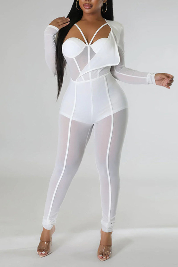 Witte sexy stevige patchwork doorzichtige asymmetrische kraag magere jumpsuits