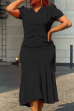 Черные повседневные однотонные платья русалки в стиле пэчворк с V-образным вырезом