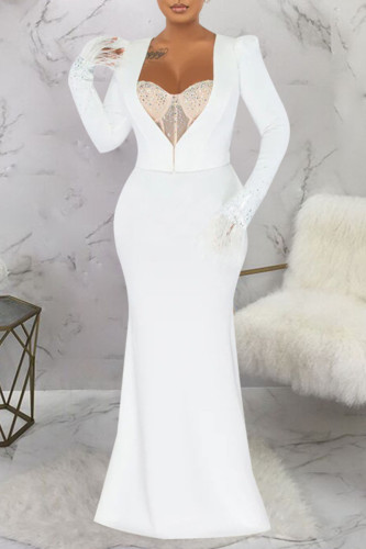 White Sexy Solid Patchwork Feathers Hot Drill V Neck Long Sleeve Two Pieces(Not Include Inner Lap)